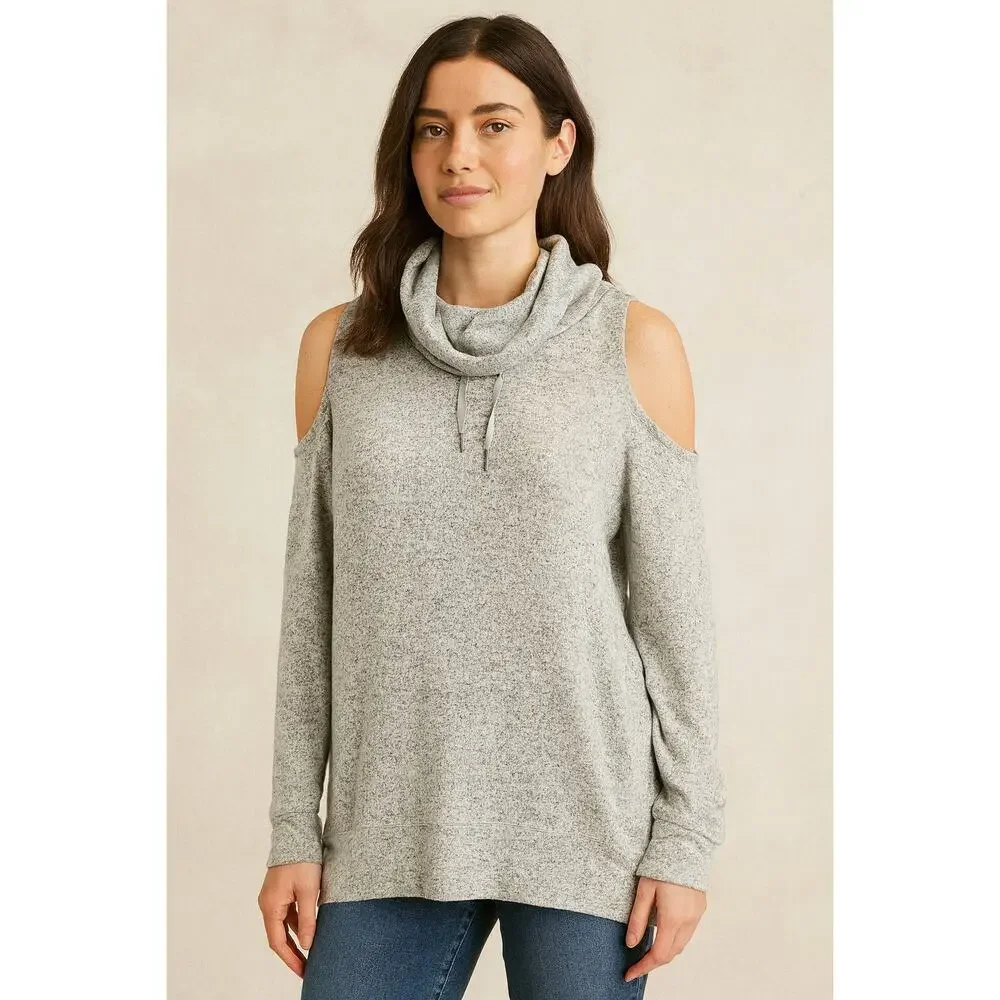 Cato active cold shoulder grey gathered hem cowl neck sz L large stretch comfort